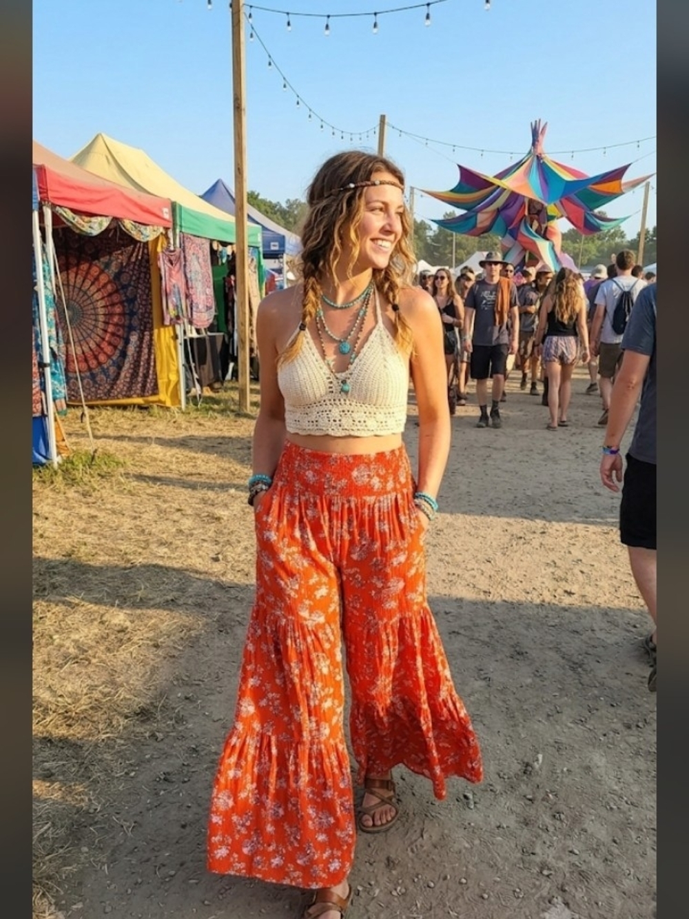 Vintage Boho Floral Tiered Maxi Palazzo Pants in Orangy Red, Small-Medium